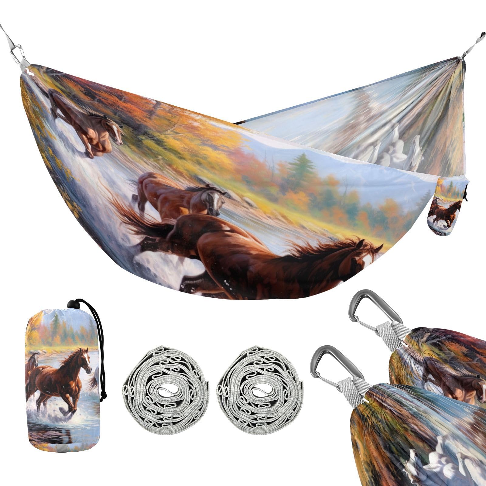 SDMKA Running Horses Painting Camping Hammock, 330 lbs with 2 Tree Straps, Carry Bag, Single Portable Hammock for Outdoor/Indoor, Hiking, Beach, Backpacking, Travel