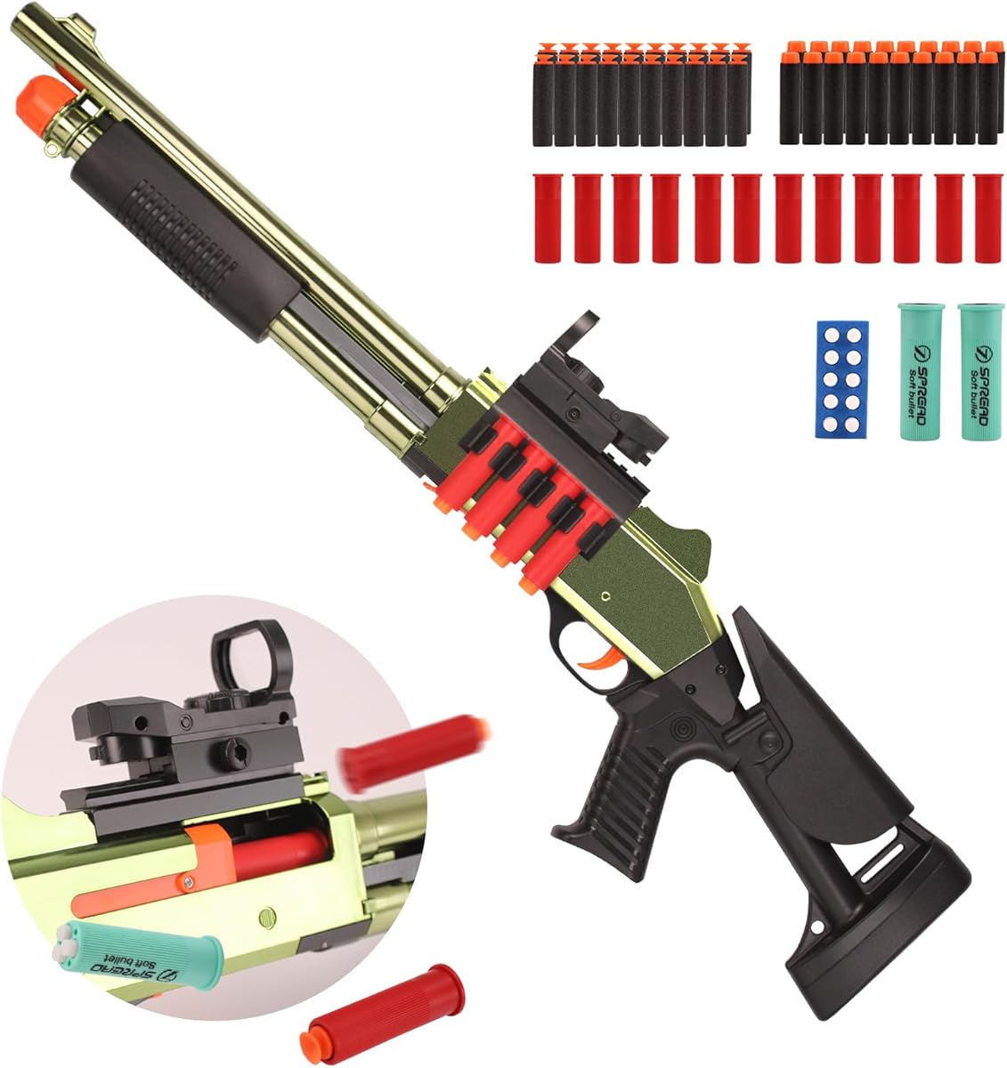 BIU BLASTER 30-Inch Shell Ejecting Foam Blaster Shotgun Soft Bullet Toy Gun with 14 Shell Casings 50 Foam Darts Realistic Pump-Action Shotgun for Kids & Teens (Gold)