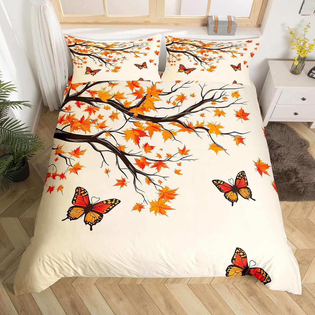 Autumn Themed Duvet Cover Twin Red Butterfly Bedding Set for Girls Women Fallen Leaves Comforter Cover Flying Dandelion Bed Sets Caring Fall Season Gifts for Loved Ones 2pcs with 1 Pillowcase