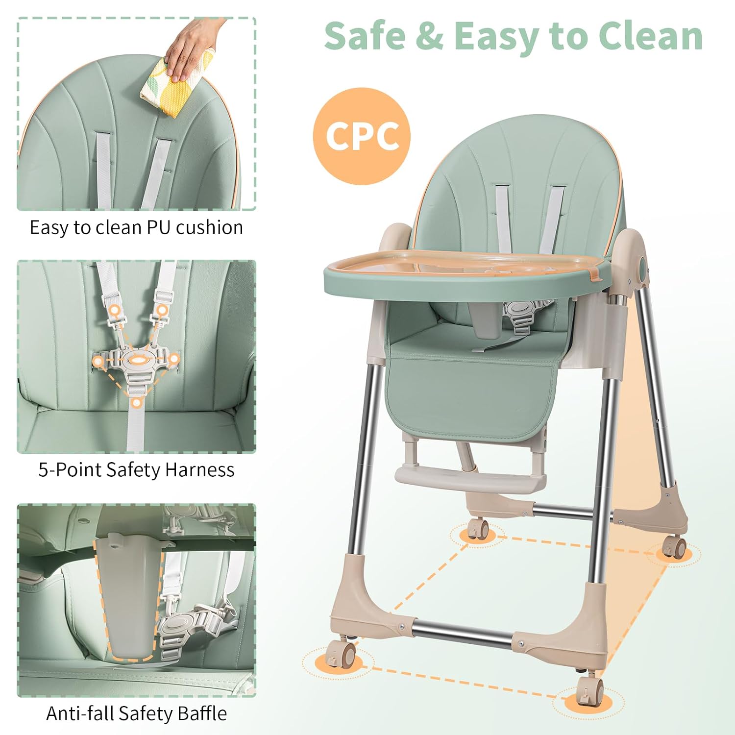 baby high chairs for babies and toddlers with adjustable backrest/footrest/seat height,foldable high chair with 4 wheels, toddler high chair with double removable tray, baby feeding chair bearing 50kg