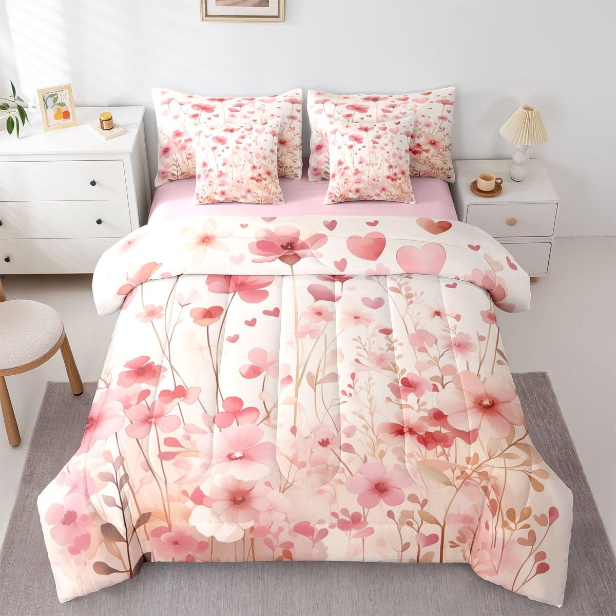 Erosebridal Poppy Flowers 7 Pieces Bedding Set Pink Valentine Twin Comforter Set for Girls Kids Romantic Love Heart Shaped Bed in A Bag with Flat and Fitted Sheet Spring Floral Bed Set