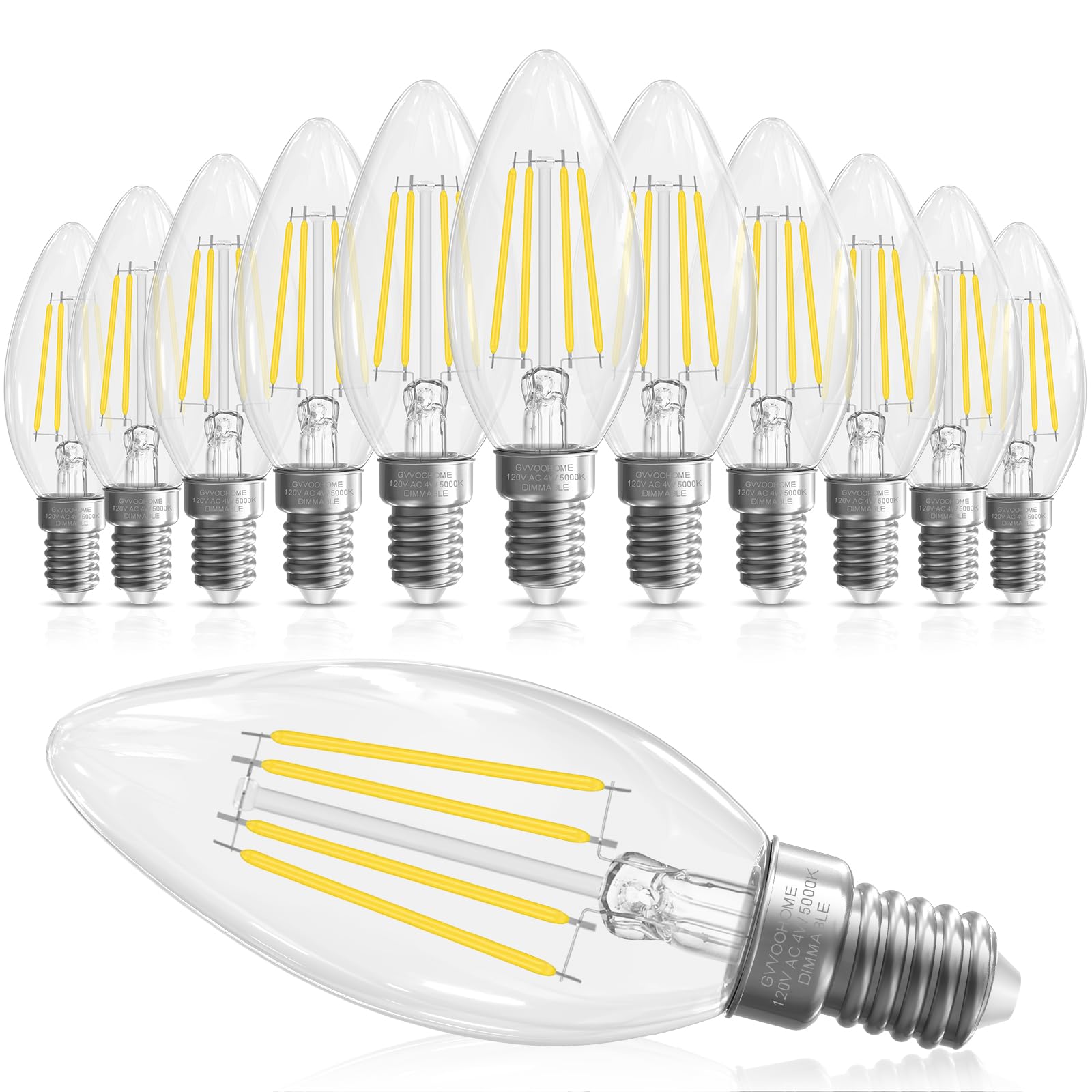 GvvooHome E12 Candelabra Bulb 40 watt Equivalent, E12 LED Bulb Dimmable Pendant Bulbs, 5000K Daylight B10 Candle Bulbs, 90+CRI, 400LM, Cear Glass, 12 Pack