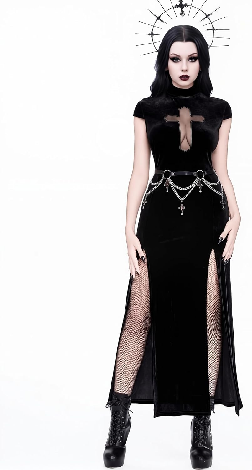 Women Gothic Dark Vampire Style Criss-Cross Cutout High Slit Bodycon Goth Dress Without Belt - Image 6