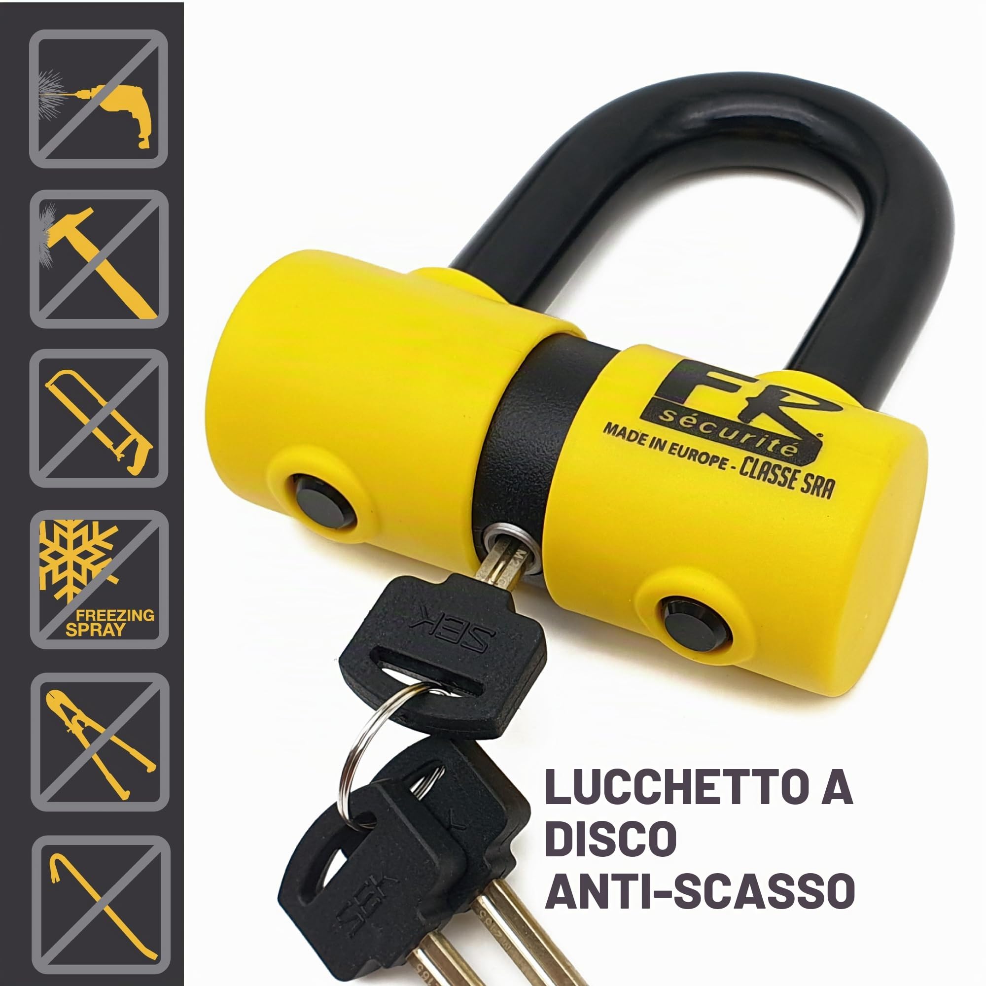 FR SECURITE FR50 Bloccadisco Moto Mini U Omologato SRA, Arco ø18mm in Acciaio Cementato, Doppia Chiusura, Serratura ad Alta Sicurezza Antiscasso, Cavo Promemoria, Lucchetto Antifurto per Moto Scooter