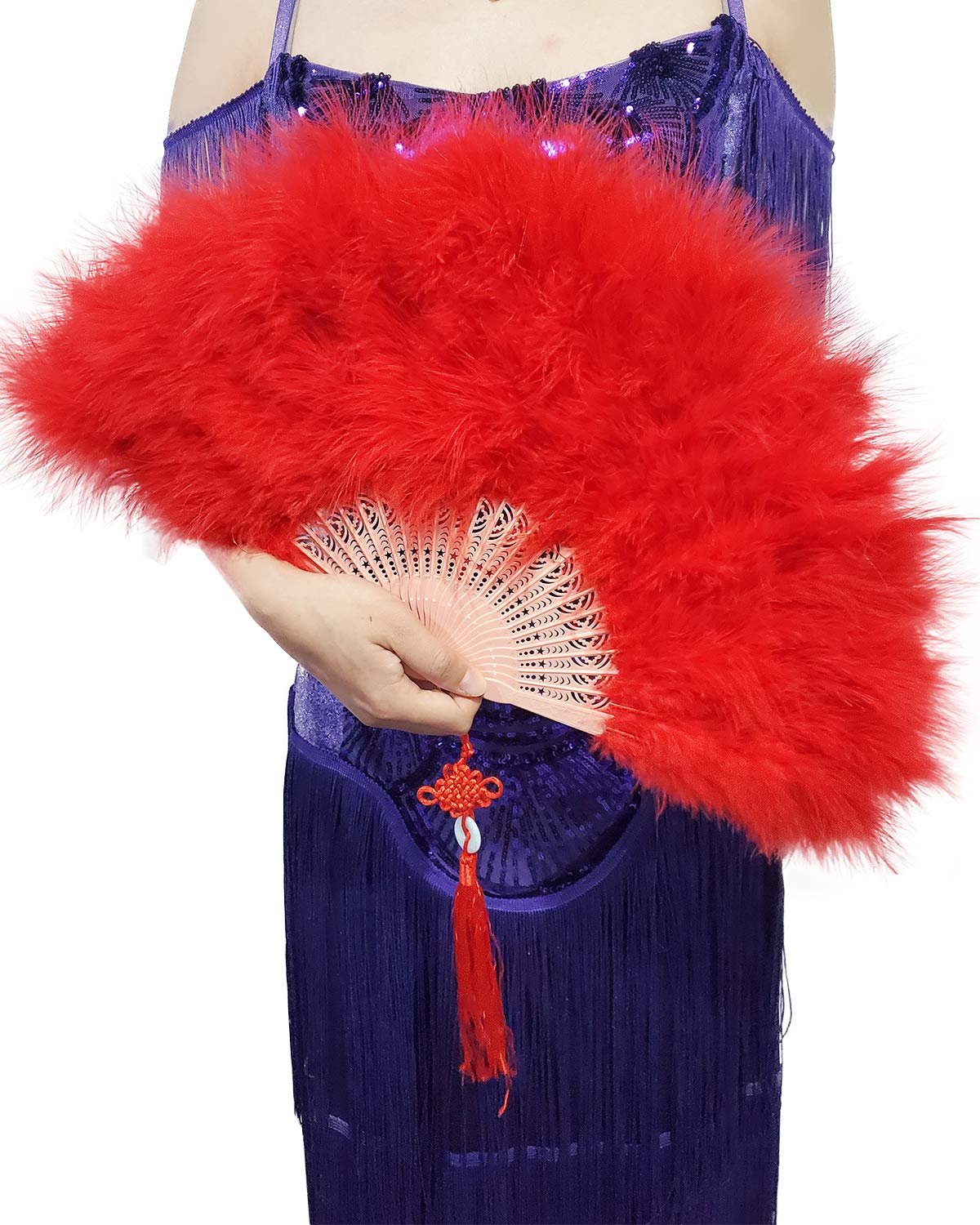 Happy Feather Handheld Marabou Feather Fan, 1920s Vintage Style Flapper Hand Fan for Costume Party and Dancing-RED