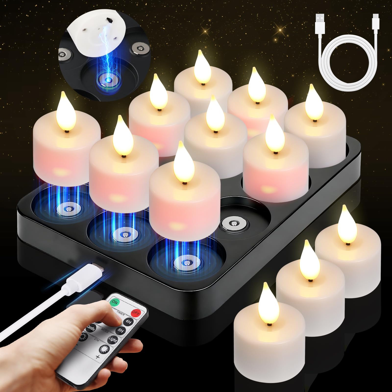 Candele Led Ricaricabili con Stazione di Ricarica Magnetica, Set di 12 Candele LED Tremolanti con Timer e 2 Telecomandi, Ideali per Natale, Halloween, Decorazioni da Tavola, Feste