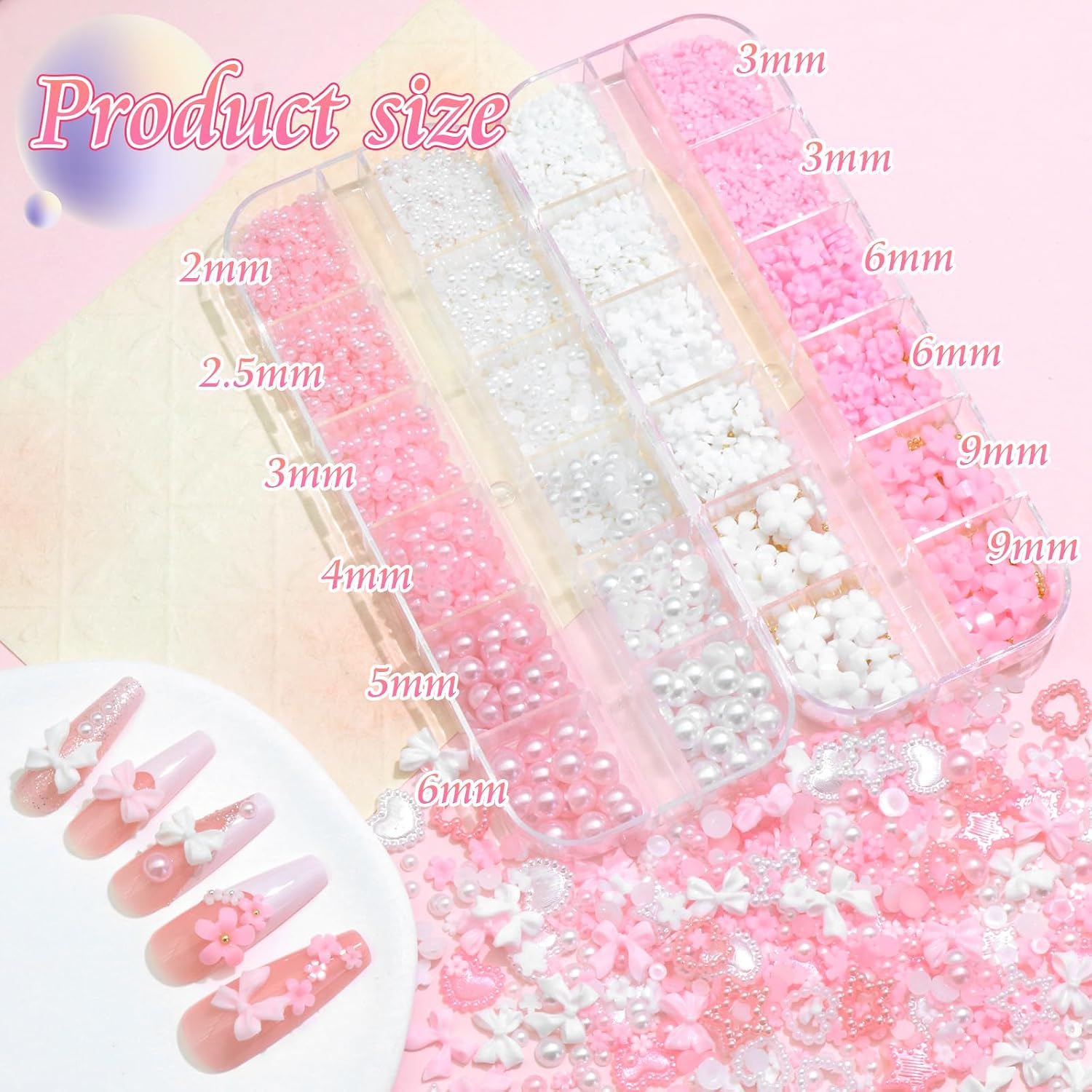 RODAKY Flower Nail Charms 3D Bow Charms for Nails Pink White Flatback Pearls Cute Bowknot Star Heart Nail Gems Rhinestone Metal Caviar Beads Decoration Accessories Kit