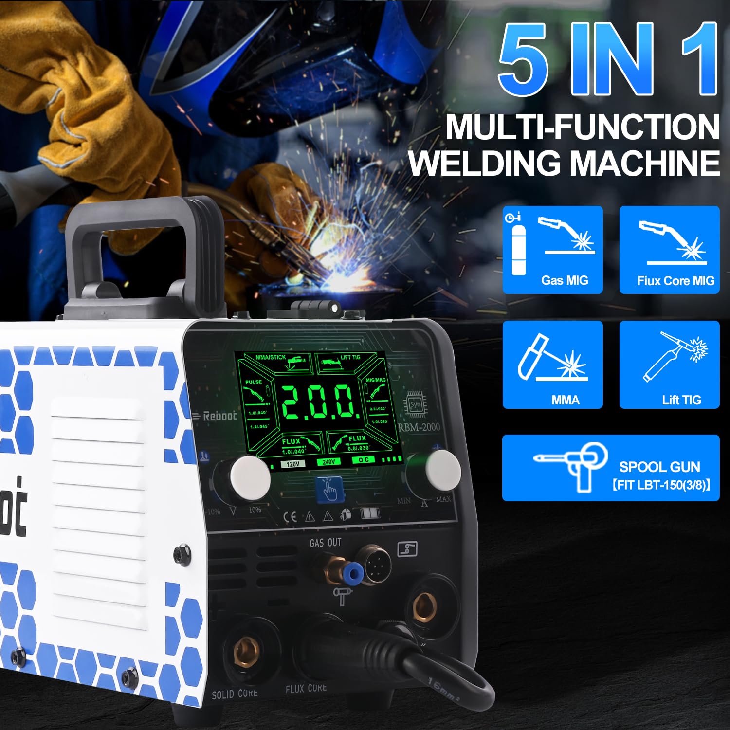 Reboot RBM2000 PRO Saldatrice MIG 200A 5 in 1 Inverter Sinergico MIG Gas/Gasless MMA Lift TIG Spot Display LED