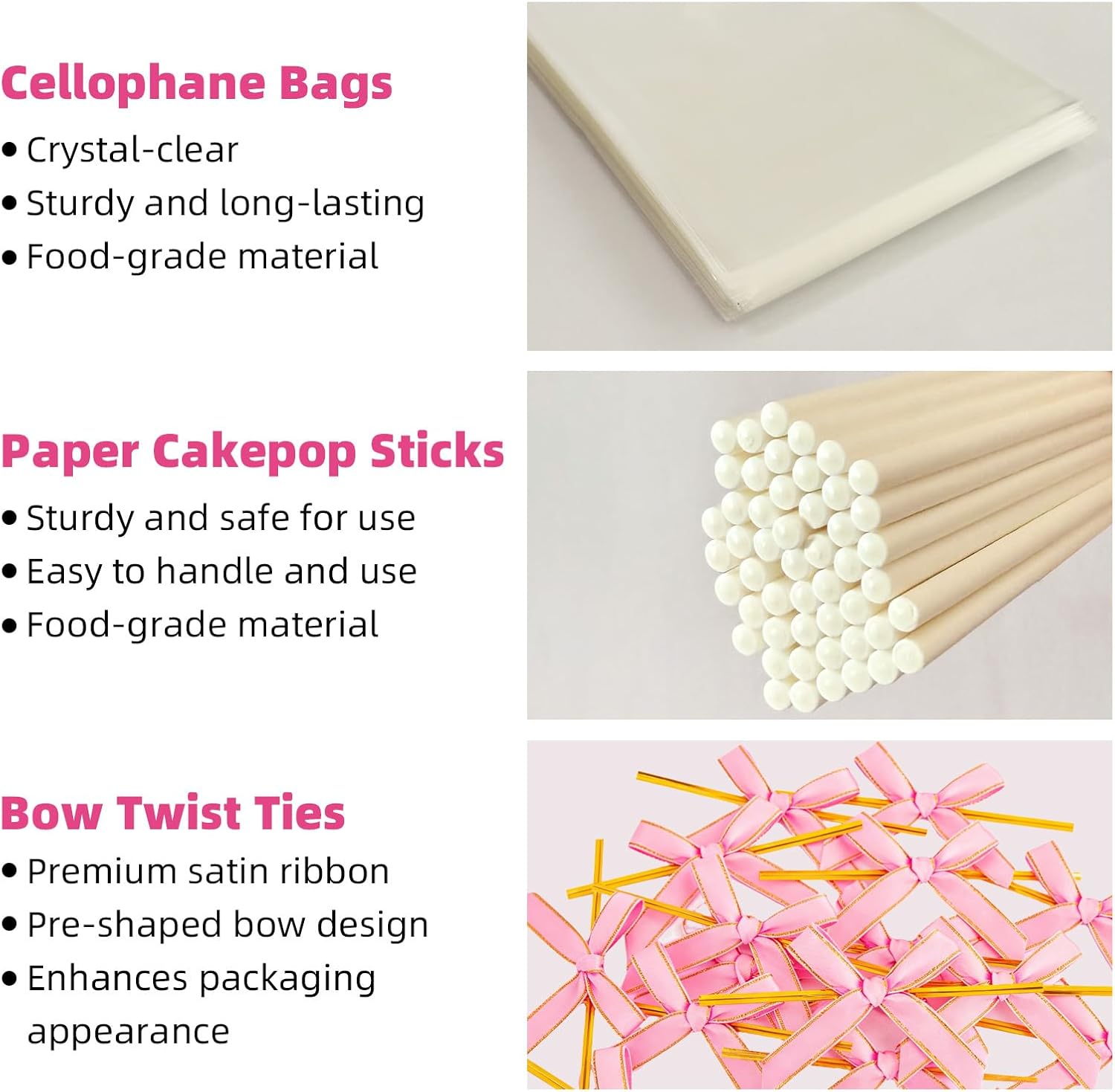 Roxjaejae 150 Pcs Cake Pop Kit, Paper Cake Pop Sticks with Clear Cellophane Bags and Pink Bow Twist Ties, Cake Pops Making Tools for Lollipops, Candies, Chocolates, Cookies, DIY Desserts