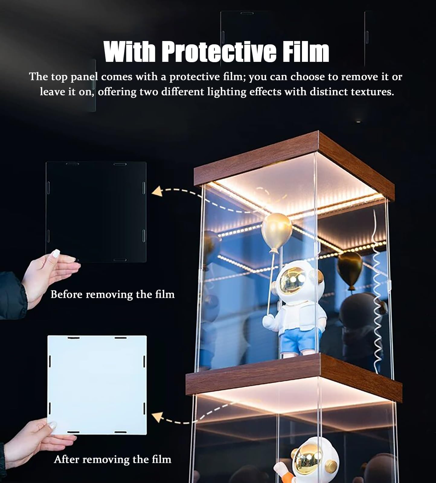 Vetrinetta Espositiva Vetrina in Acrilico per Action Figure da Collezione con Luce LED | Coperchio Antipolvere Rettangolare Trasparente di Alta Qualità, Scatola Portaoggetti In Acrilico con Base In Legno per Trofei