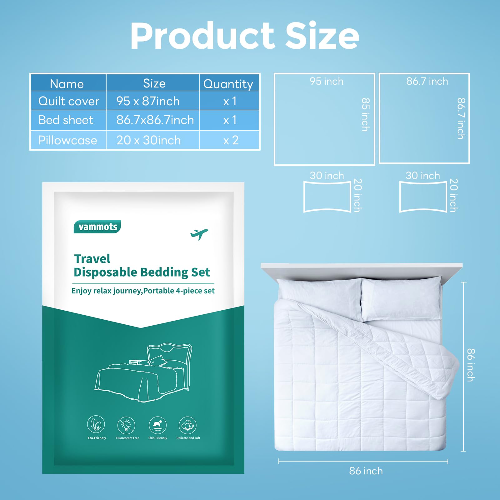 vammots Disposable Bed Sheets for Hotel, King Size Travel Disposable Bedding Set,Disposable Duvet/Comforter Cover,Safe and Portable for Travel,Contains 2bed Sheet 2quilt Cover and 4pillowcases