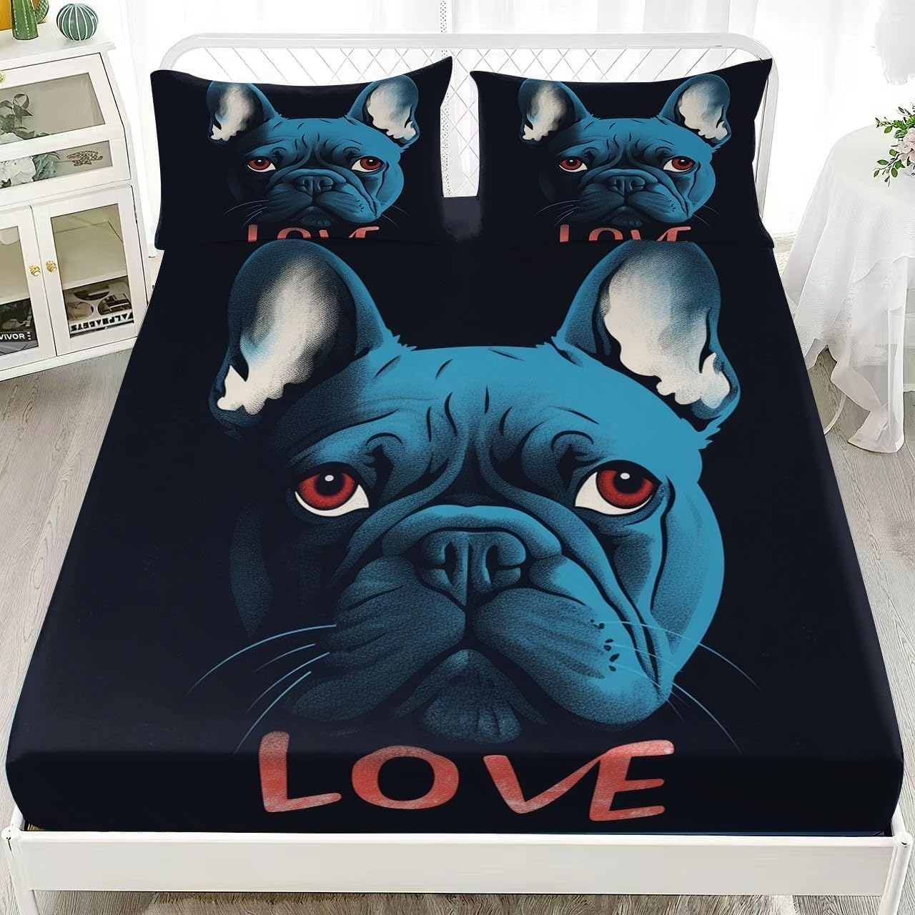 Bsyyzqc Boys Bulldog Single Fitted Sheet Love Bed Sheets Deep Pocket 12 Inch (30 Cm) Soft Cozy 3 Piece Microfibre Bed Sheet 90X190 Cm With 2 Pillowcases 50X75 Cm