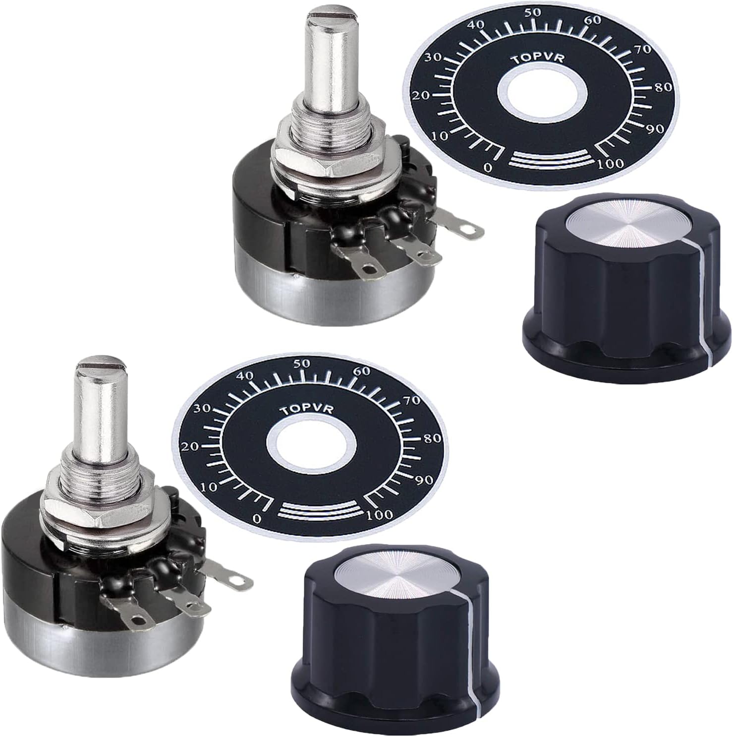 2PCS RV24YN20S B103 10K ohm Single Turn Carbon Film Rotary Taper Potentiometer+2PCS A03 Knob + 2PCS Dials