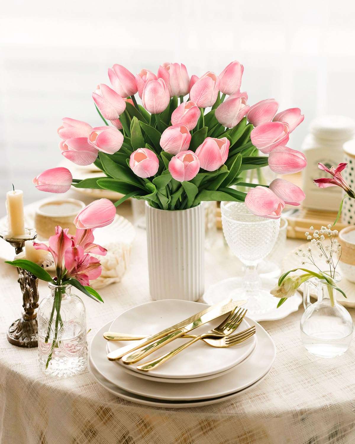 N&T NIETING Tulipani artificiali, 12 pezzi, tulipani finti, realistici al tatto, in lattice, bouquet di fiori per matrimoni, casa, feste, hotel, decorazione floreale (rosa chiaro)