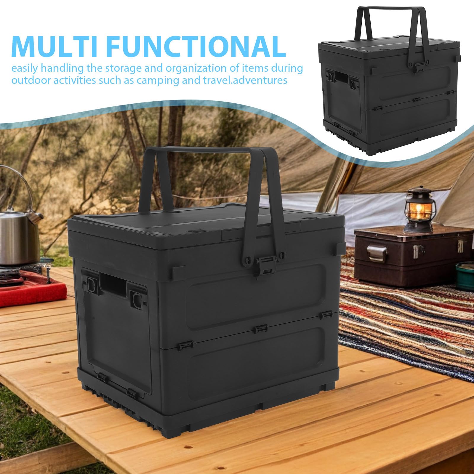 SEWACC Faltbare Aufbewahrungsbox und Griff mit Deckel für Kofferraum | Schwarzer Kunststoff, Platzsparende Struktur, Kleine Tischfunktion, für Outdoor Aktivitäten und Auto