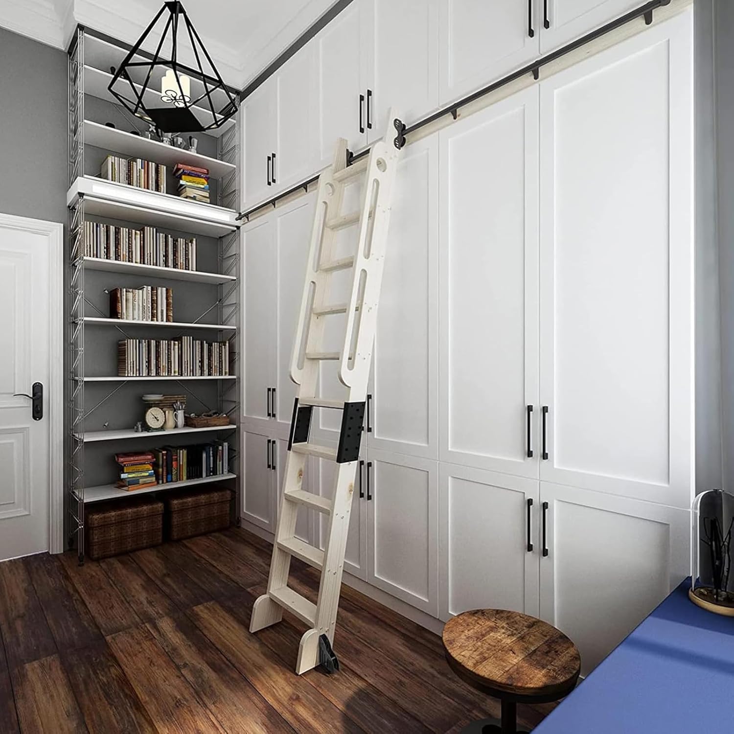 Adjustable Library Ladder Hardware Kit Retractable Rolling Track Bracket with Top Roller Pulley 3.3FT to 26.2FT Wall Mount with Floor Wheels & Brake (No Ladder Included)