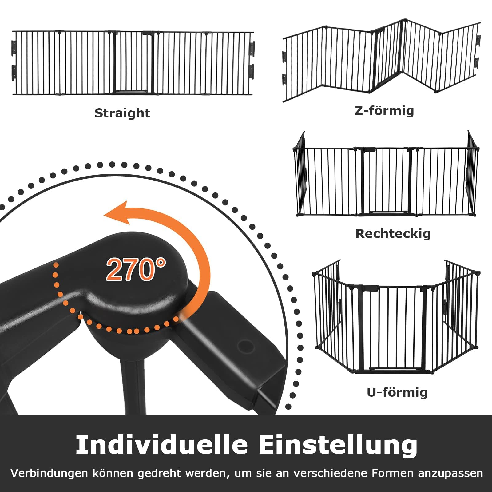 LILIIN Kaminschutzgitter mit Tür, 5 Elemente Absperrgitter Faltbar Ofenschutzgitter Kamin Schutzgitter ohne Bohren, für Kinder-Sicherung, 300 x60 x75cm, Schwarz