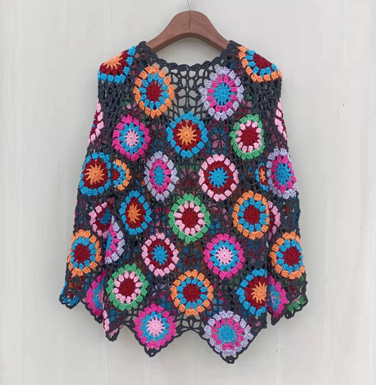 White Crochet Top Women Long Sleeve Blouse V Neck Granny Square