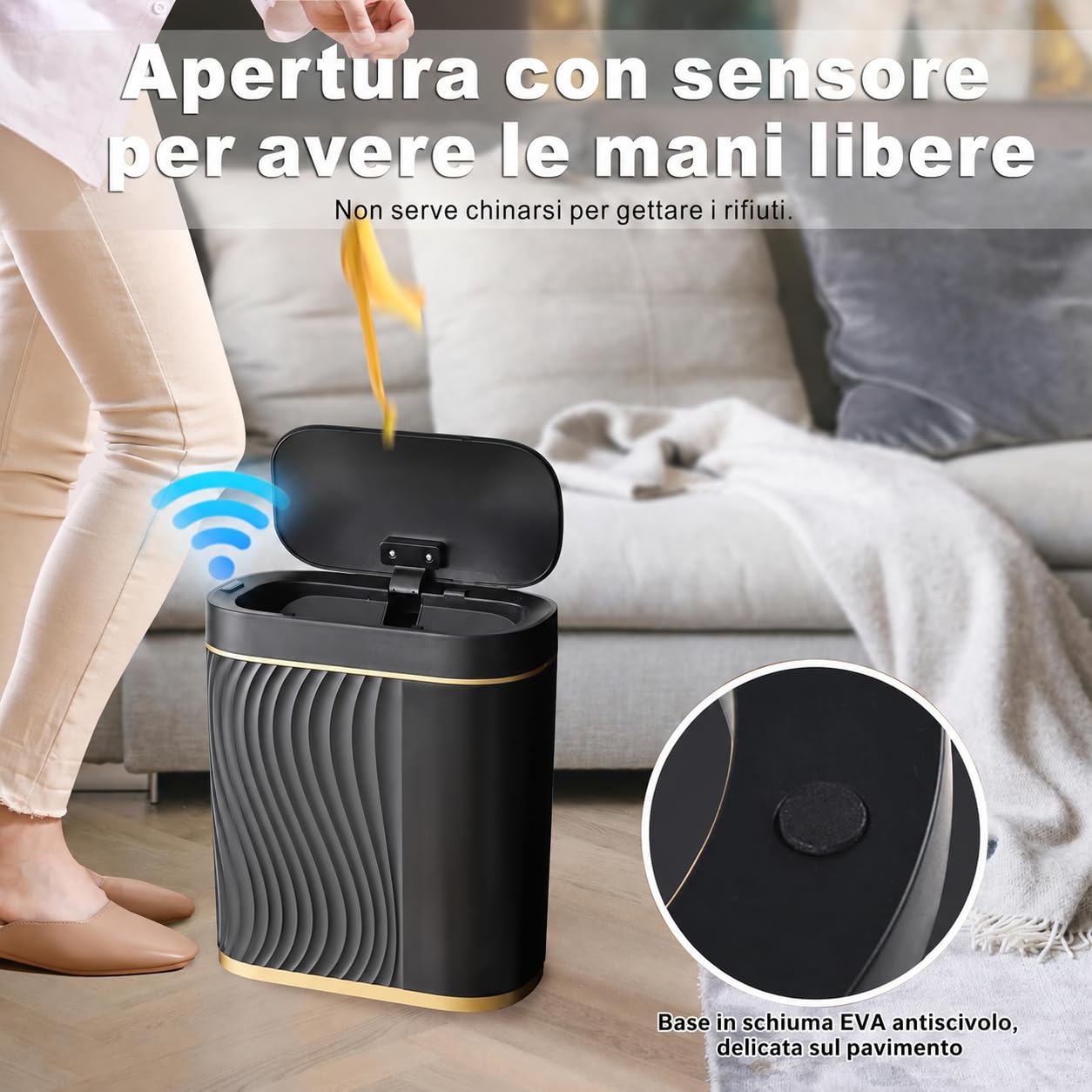 Pattumiera Automatica con Sensore 8 L - Cestino Elettrico con Coperchio per Cucina e Bagno - Impermeabile / Anti-odore per Ufficio, WC - Pattumiera Nera Silenziosa (Nero)