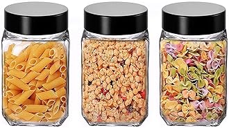 Vency Piramal Glass Cubical Square 300ml Transparent Glass Jars & Containers for Kitchen Pantry, Snacks, Masala, Pickles, Dry Fruits, Coffee Beans Storage with Black Plastic Lid (300ml, Set Of 3)
