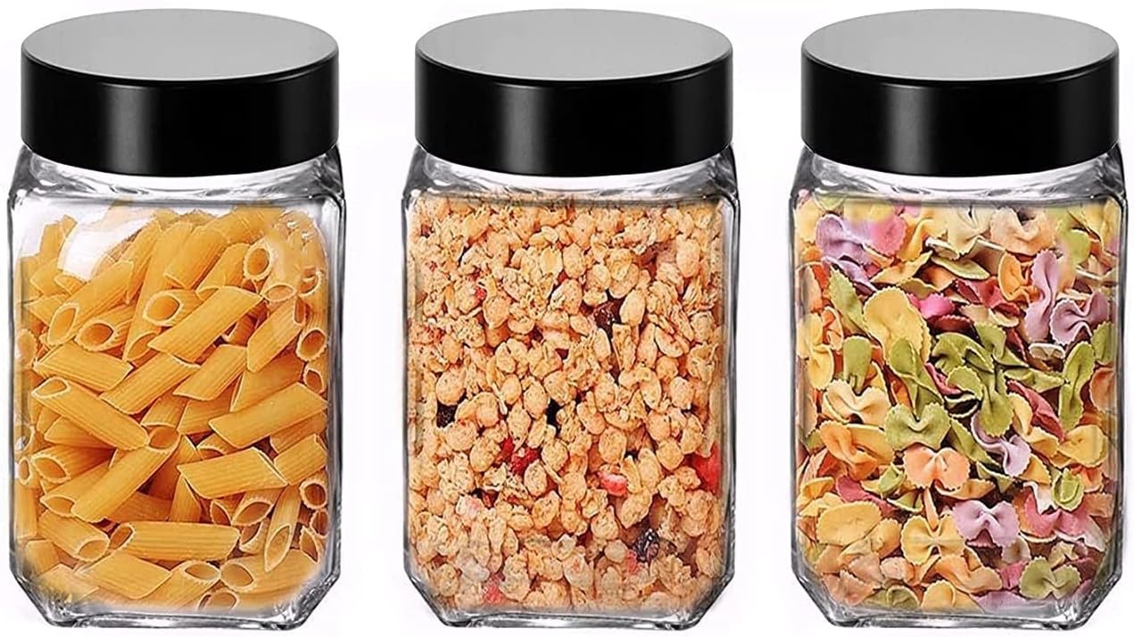 Vency Piramal Glass Cubical Square 300ml Transparent Glass Jars & Containers for Kitchen Pantry, Snacks, Masala, Pickles, Dry Fruits, Coffee Beans Storage with Black Plastic Lid (300ml, Set Of 3)