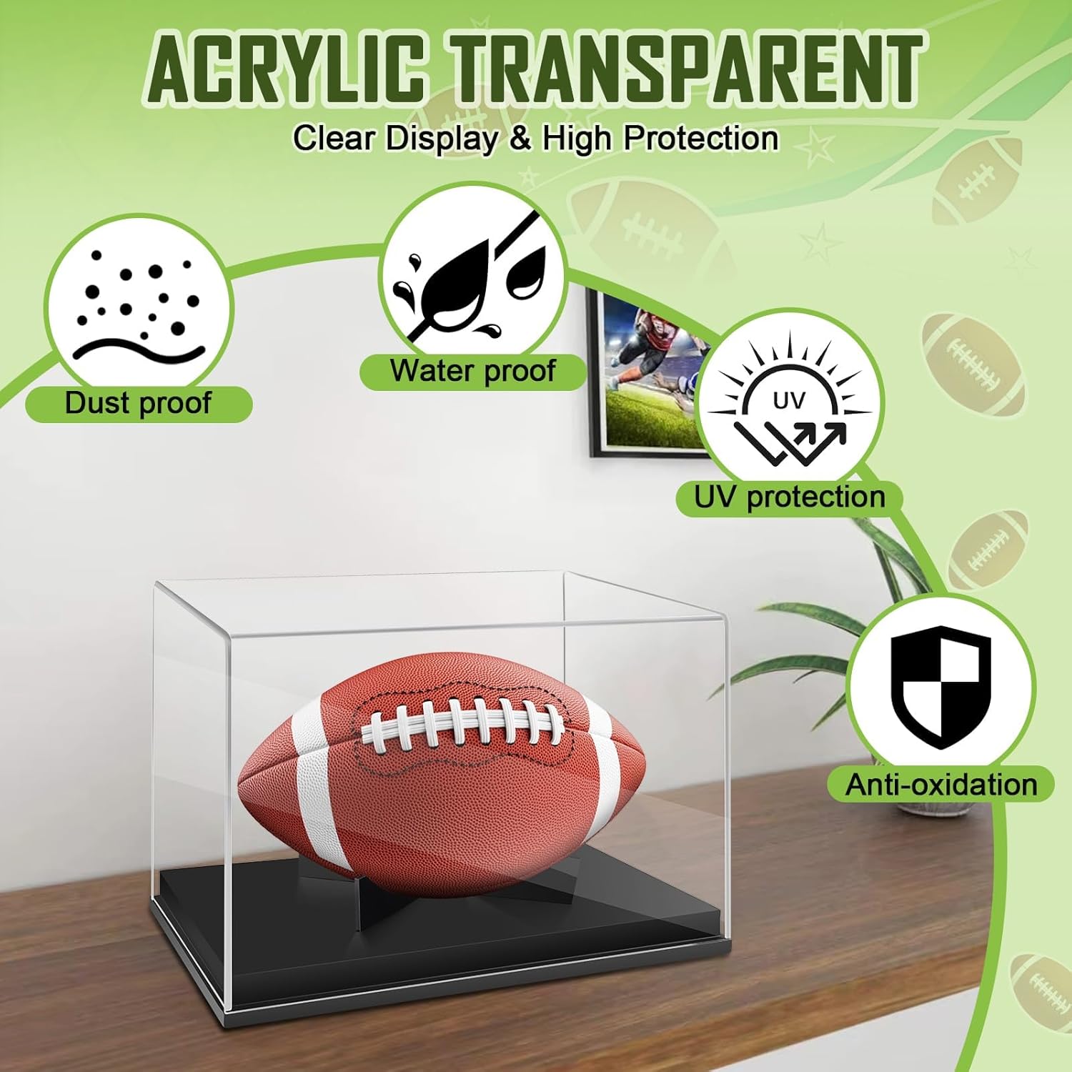 Football Display Case with Black Solid Wood Base – Clear Acrylic Football Holder Display Box for Autographed Football, Full Size Football Memorabilia Showcase