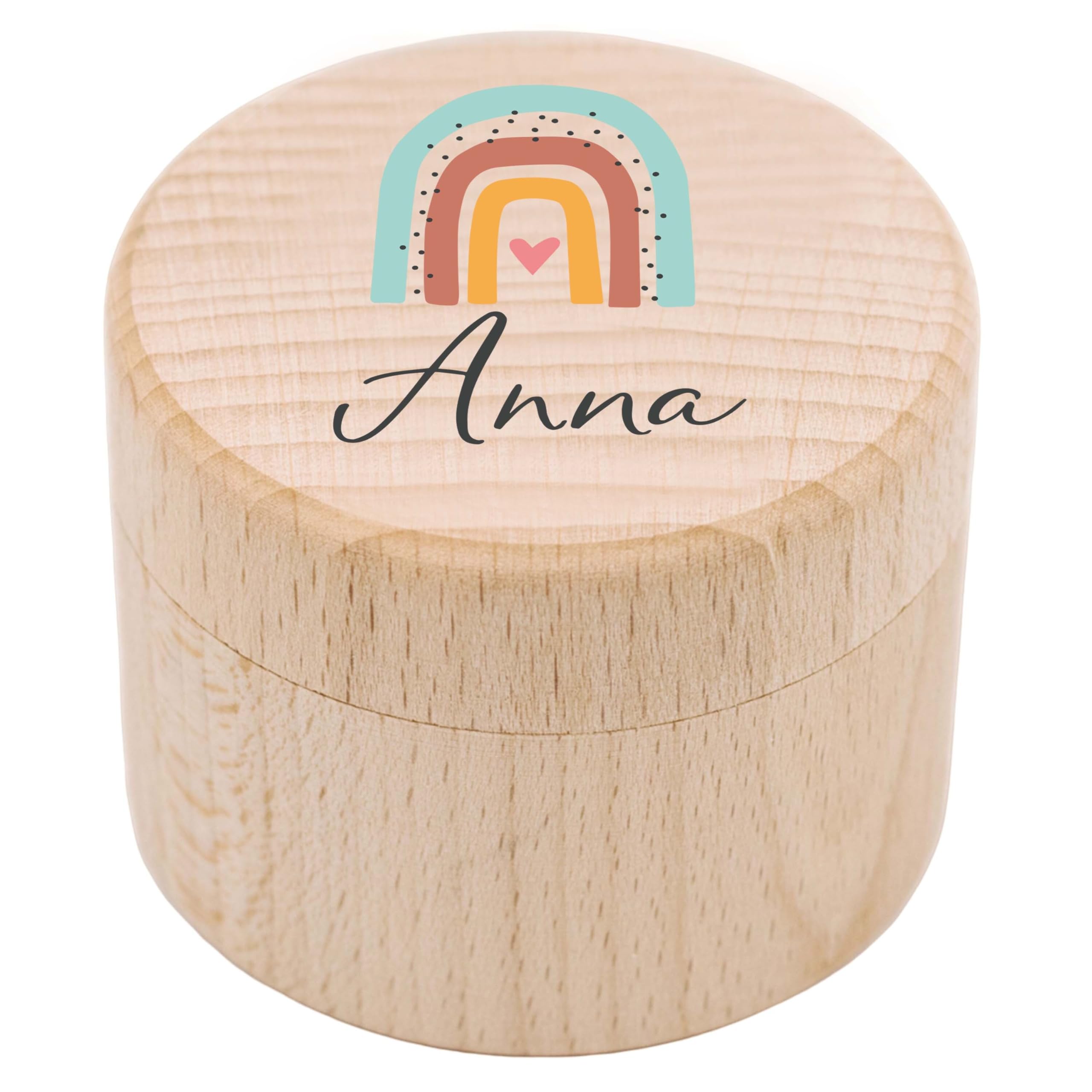 LAUBLUST Personalisierte Milchzahndose mit Namen - Runde Zahnbox mit Regenbogen | Zahnfee Geschenk für Jungen & Mädchen - Milchzahnbox & Zahndose aus Holz als Andenken für Kinder