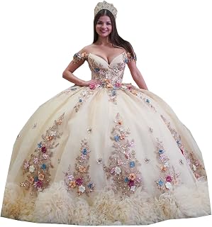 Colorful Flower Pattern Princess Ball Gown Wedding Prom Quinceanera Dresses with Gold Butterfly 2026