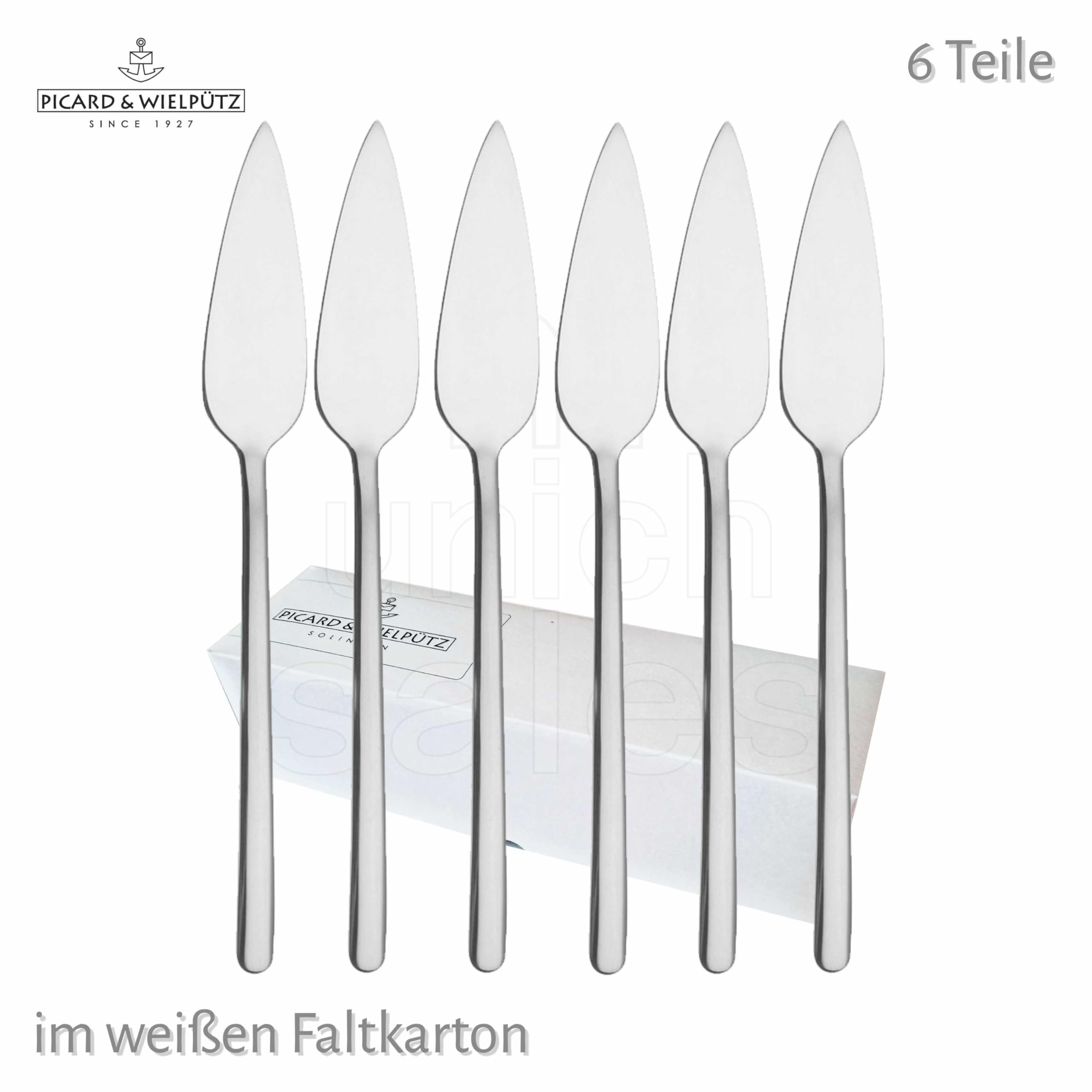 6 cuchillos de pescado de la serie Ventura 6108 de Picard & Wielpütz individualmente en cartón plegable blanco