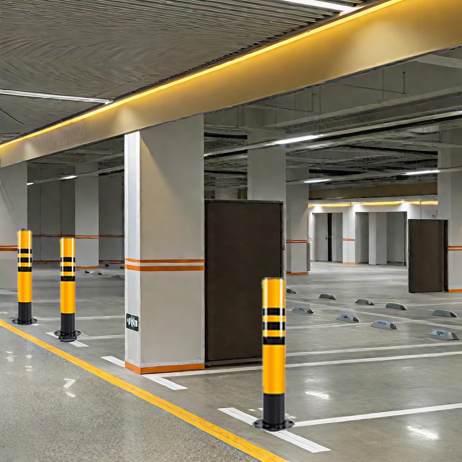 Borne de sécurité en Tube d'acier de 23,6 po avec Bande réfléchissante, borne de stationnement avec boulons d'ancrage pour Une Installation sécurisée (1 pièce)