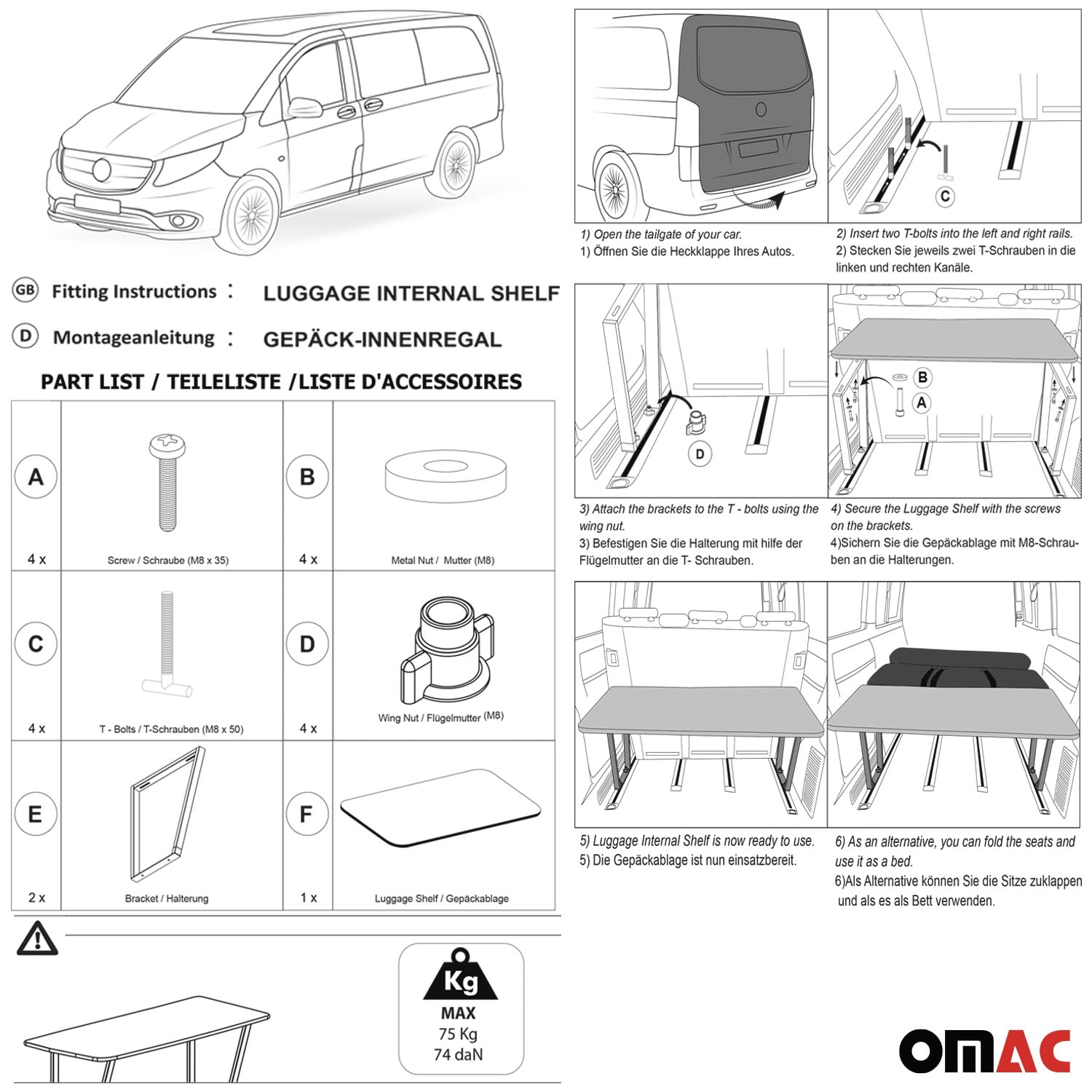 OMAC Multiflexboard Bettverlängerung Ablage kompatibel mit Mercedes Vito W447 2014-2026 Schwarz