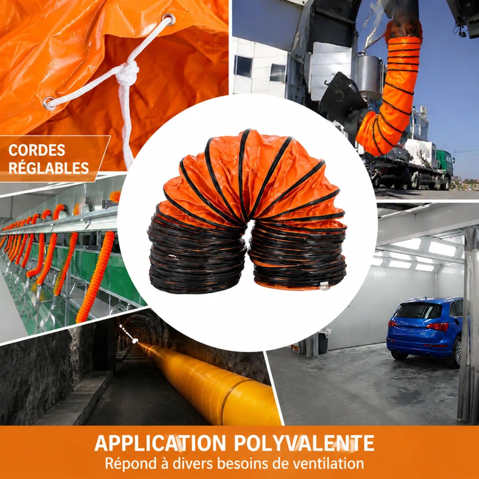 Gaine de ventilation flexible en PVC orange avec anneaux noirs pour extracteur d air et atelier
