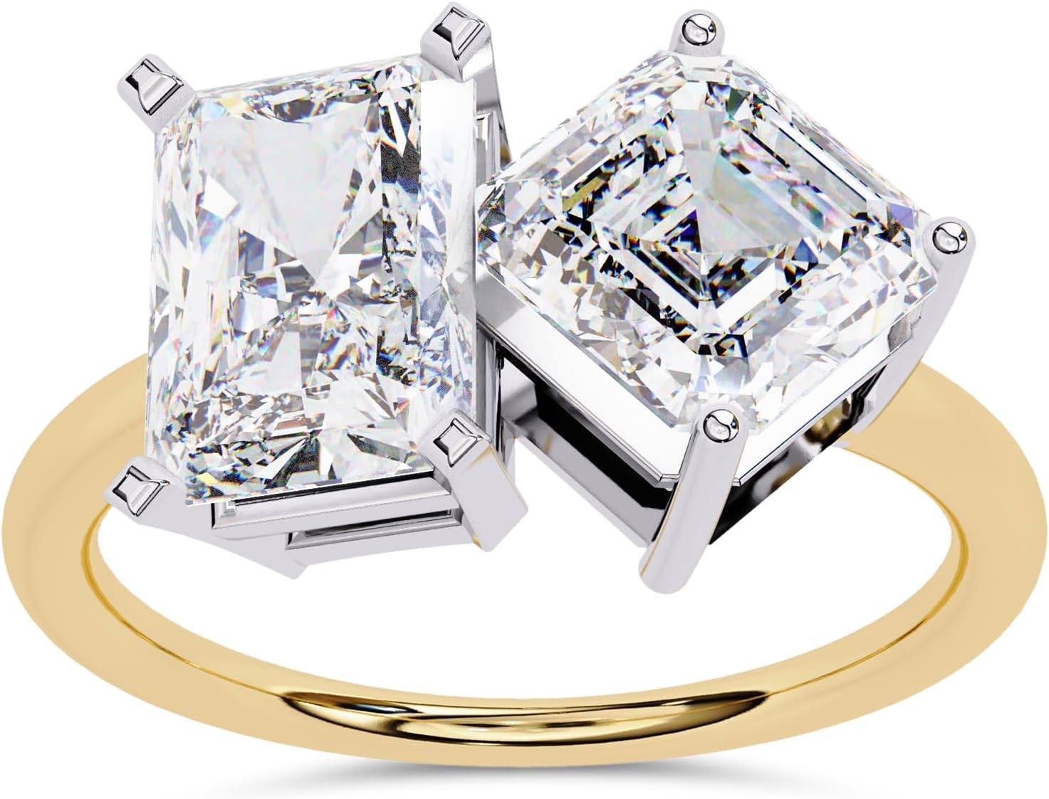 SAVEARTH DIAMONDS Toi Et Moi Ring for Women Radiant and Emerald Cut Lab Created Moissanite 2-Stone Engagement Wedding Rings Jewelry In 10K / 14K Solid Gold Or 14K Gold Plated 925 Sterling Silver