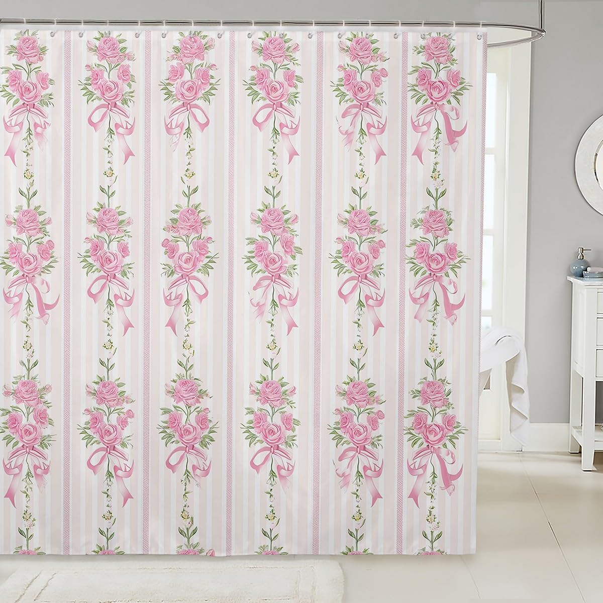 Rideau de douche imperméable à rayures roses pour la salle de bain des enfants avec 12 crochets