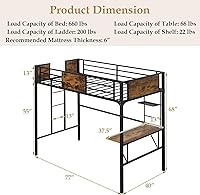 Vista 2 de Giantex Cama alta de metal tamaño individual con escritorio y estante de almacenamiento, marco de cama alta resistente con escalera integrada
