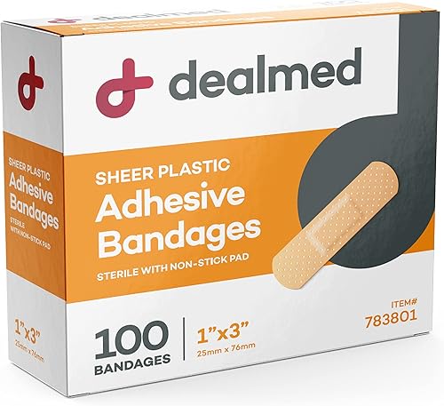 Dealmed Vendas adhesivas flexibles de plástico transparente – 100 unidades (1 paquete) vendas con almohadilla antiadherente, sin látex, kit de