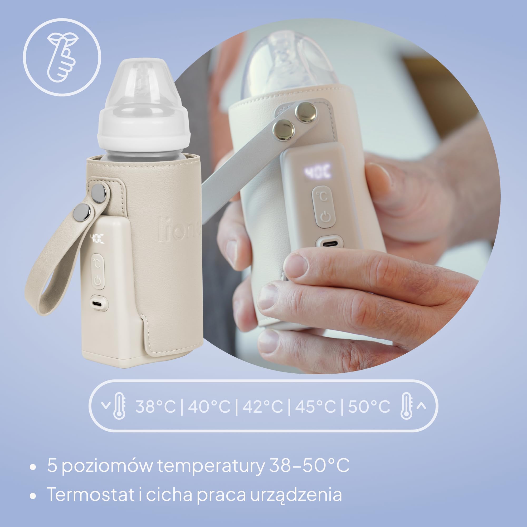 LIONELO Podgrzewacz do butelek Thermup Go Plus do utrzymywania ciepła mleka i żywności dla niemowląt, przenośny z wbudowaną baterią, 5 temperatur roboczych od 38 do 50°C, ładowanie USB, 8 godzin pracy