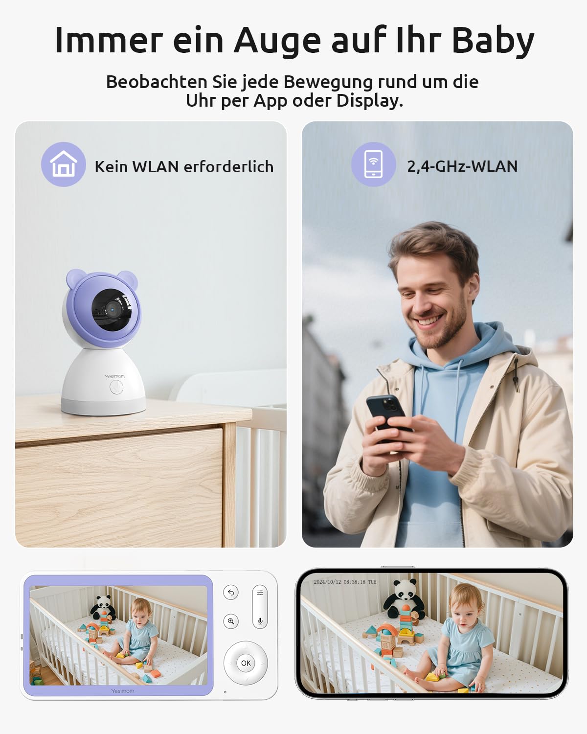 Babyphone mit Kamera 2K/3MP, 5.5" HD WLAN Video Babyfon mit App, IR/RBG Nachtsicht, PTZ 360°, Weinen/Bewegungs-Erkennung, AI-Tracking, Bereich Alarme, 2-Wege-Audio, hohe Reichweite, 2 Stück