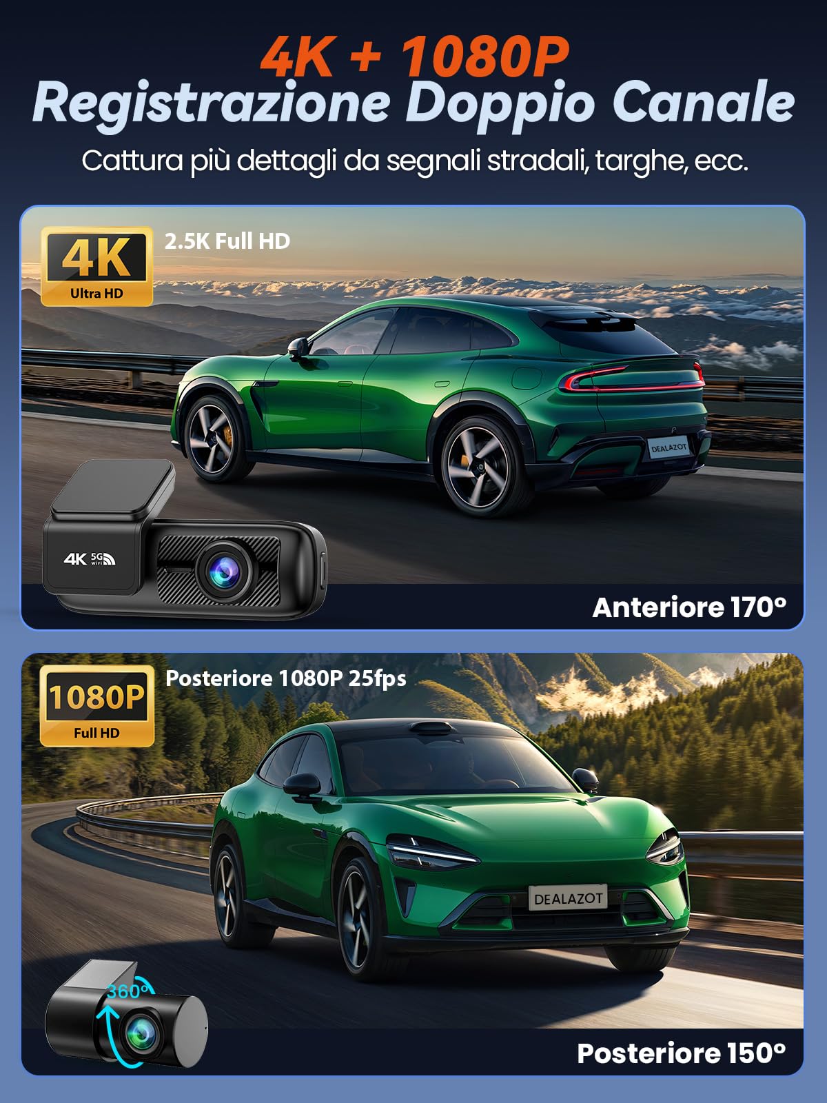Dash Cam Auto 4K+1080P, Telecamera Anteriore e Posteriore, Dashcam Auto con SD 64GB, Wi-Fi 5GHz Controllo tramite App, Visione Notturna, Parcheggio 24H, Sensore G, 170° Grandangolo, WDR (X4)