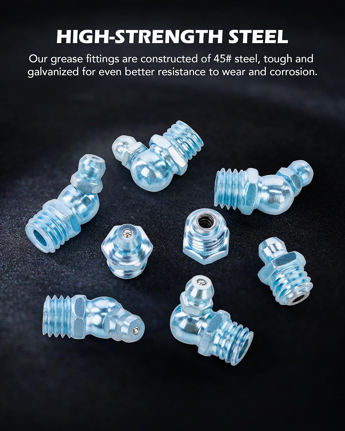 Close-up view of various galvanized steel grease fittings, highlighting their robust construction