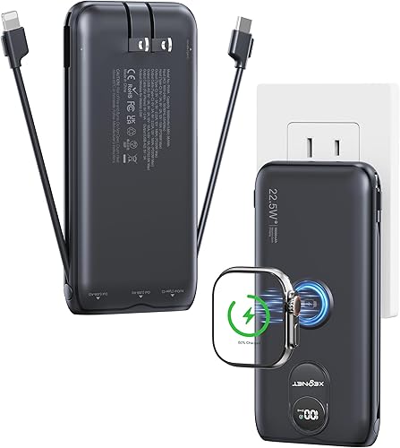 Portable Charger, 10000mAh 22.5W Fast Charging Power Bank with Built in Cable & Wall Plug, Travel Essential Battery Pack with LED Display, External