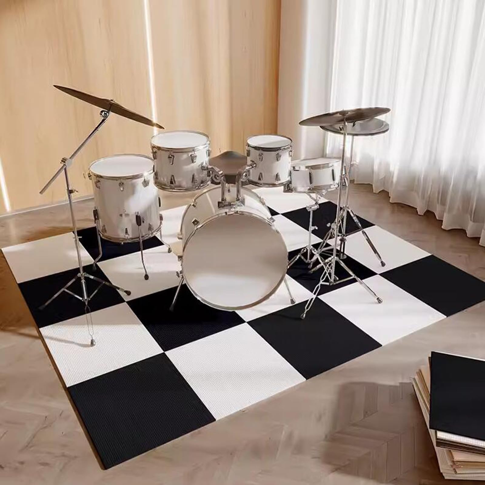 Tappeto Fonoassorbente Batteria Tappetino per Batteria e Percussioni Antiscivolo e Insonorizzato, per Grancassa Rullante Tamburo Jazz Tappetini(Size:50×50cm (4 piece pack),Color:Bianco+Nero)