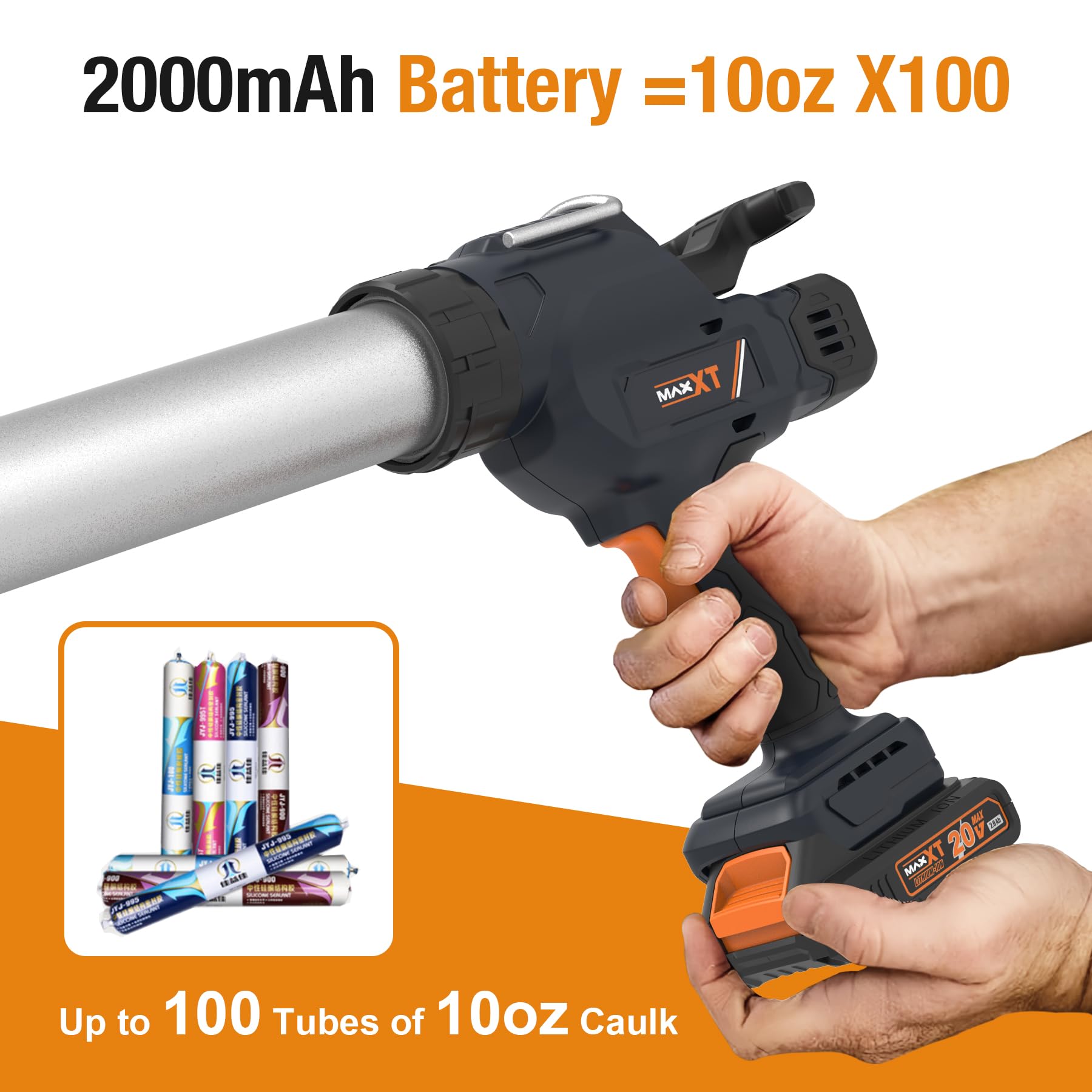 MAXXT Pistola selladora eléctrica para cartuchos de 600 ml, pistola de silicona de 20 V con baterías de 2000 mAh para sellar y impermeabilizar