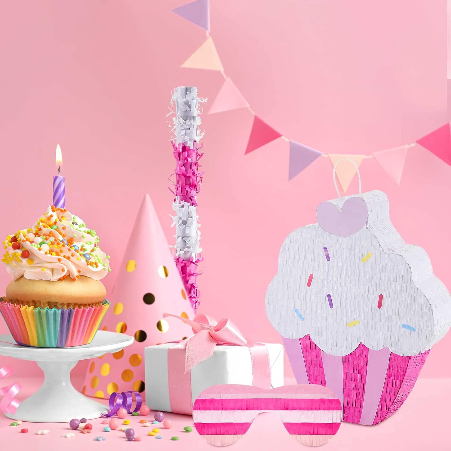 Sosation 15.7" Cupcake Piñata for Birthday Party Supplies with Stick, Blindfold and Confetti for Kids Girls Baby Shower Candy Donut Ice Cream Piñata Party Supplies Party Decoration Prop(Cute)