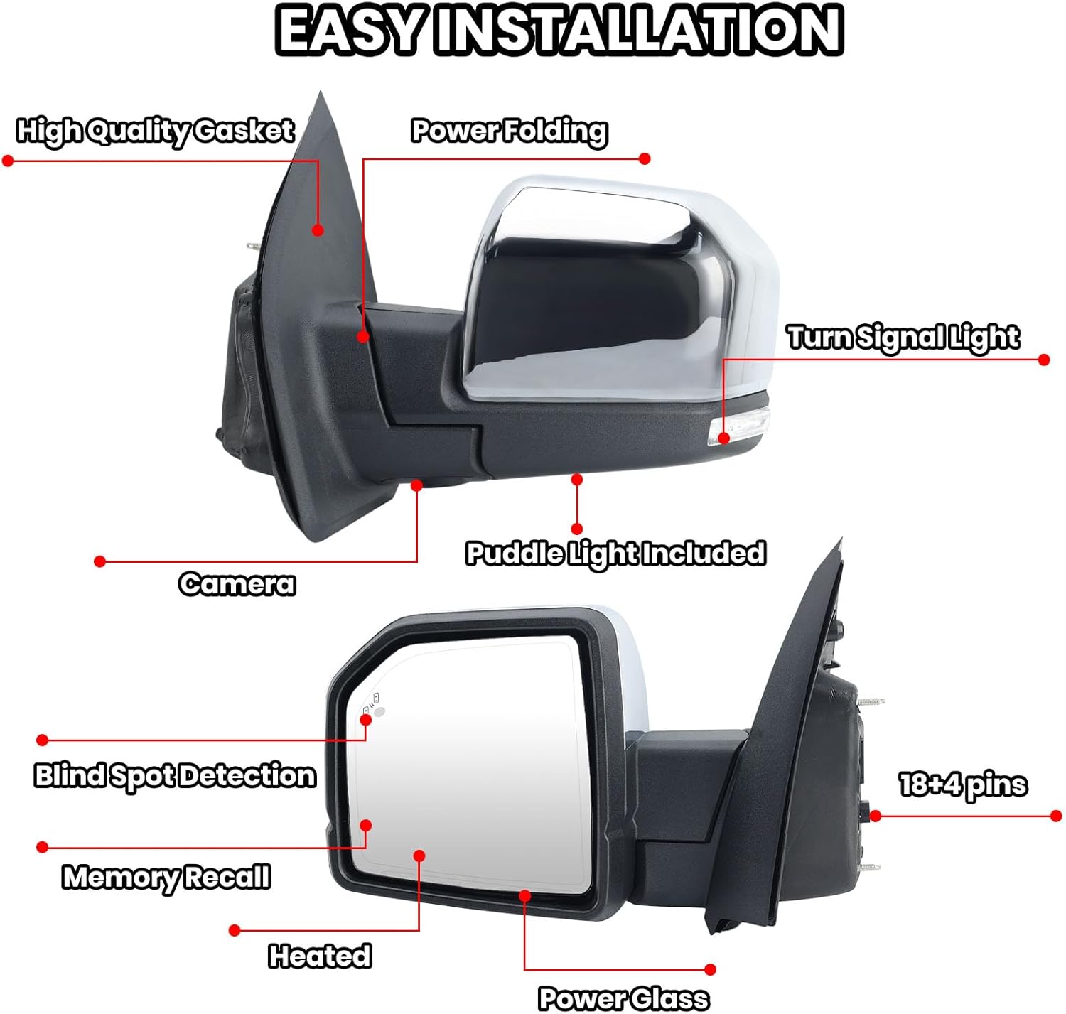 Driver Side Mirror Compatible with 2015-2020 Ford F150 Mirrors with Camera Power Folding Memory Heated Turn Signal Blind Spot Detection,Puddle Lights,Chrome (18+4 Pins)