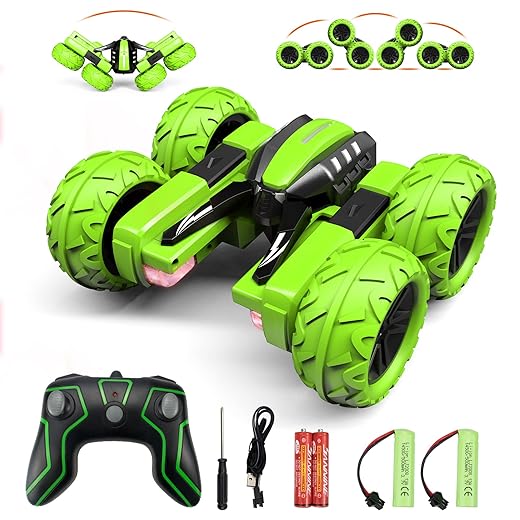 Amicool Remote Control Car for Kids 3-12 Years Old, Birthday Toy for Boys Age 4 5 6 7 8, RC Car Stunt with Light 4WD 2.4Ghz Double Side Rotating Racing Vehicle 360° Flips Offroad Green
