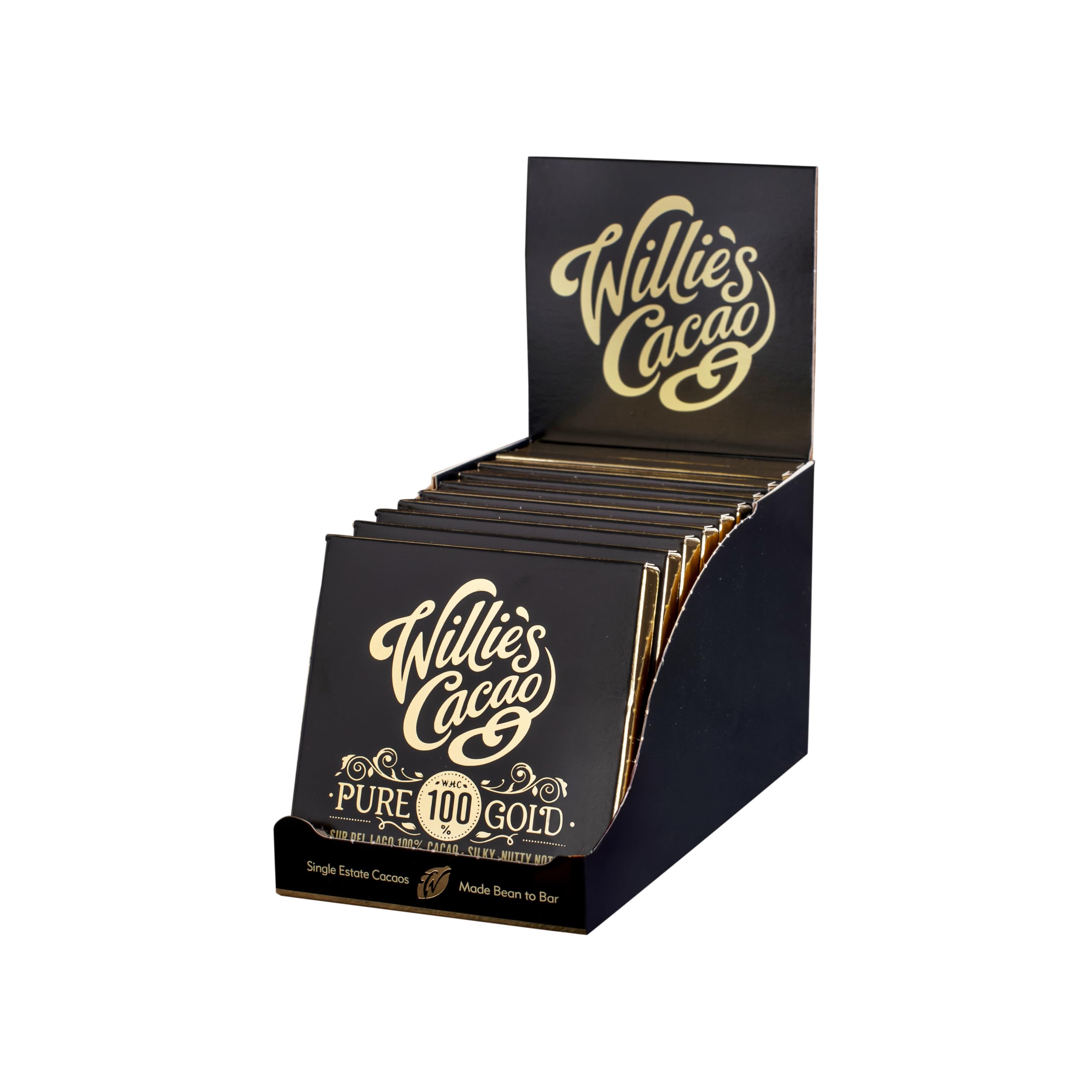 Willie's Cacao - Pure Gold, 100% Cocoa Bar - 40g x 12 - Smooth nutty notes - No added sugar - Vegan chocolate - Artisan made