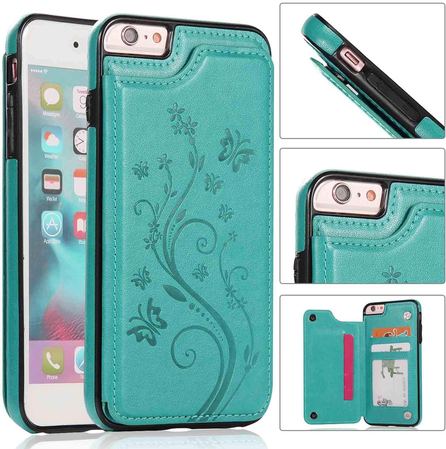 iPhone 6S Wallet Case,iPhone 6 Slim Fit Wallet Case for Women/Men,Aprilday Premium Leather Purse Case [Butterfly Flower] Durable Shockproof Cover with Wallet&Card Holder&Kickstand -4.7in Green