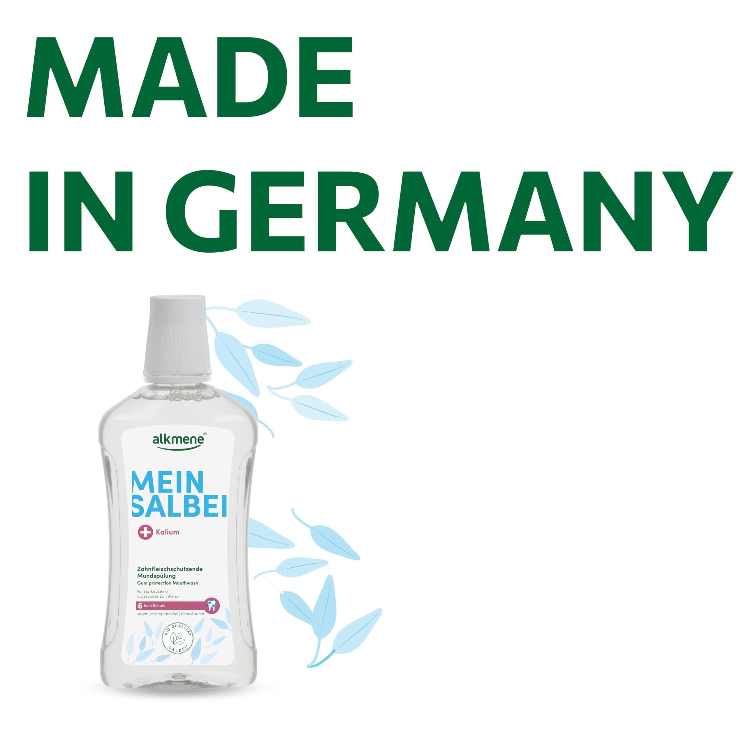 alkmene Zahnfleischschützende Mundspülung ohne Alkohol 500 ml 8er Pack | Mundwasser mit Salbei & Kalium - Vegane Mundspülung antibakteriell mit 6-fach Schutz - Mouthwash