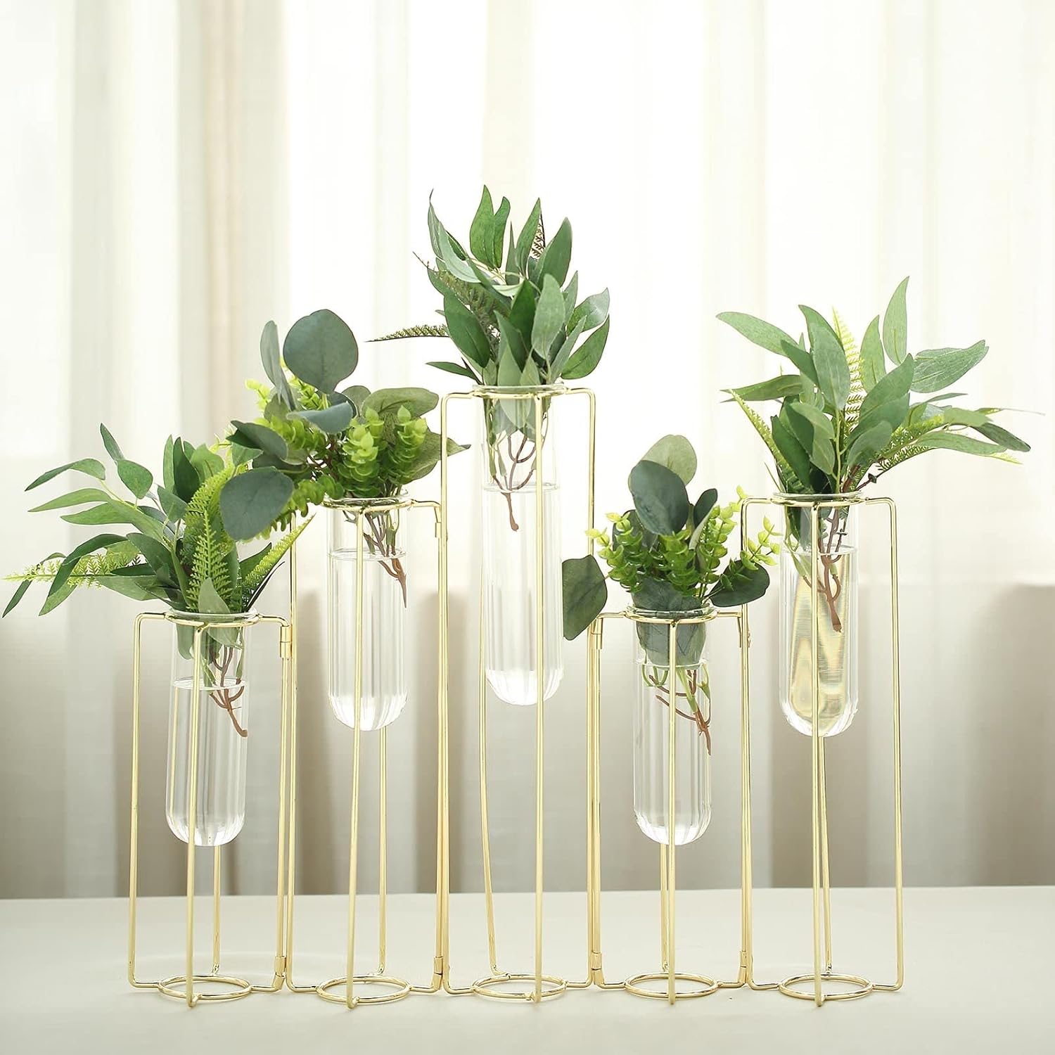 Tableclothsfactory Set of 5-12" Conjoined Geometric Metal Flower Vase Racks Hydroponic Test Tube Vases for Wedding Table Decoration